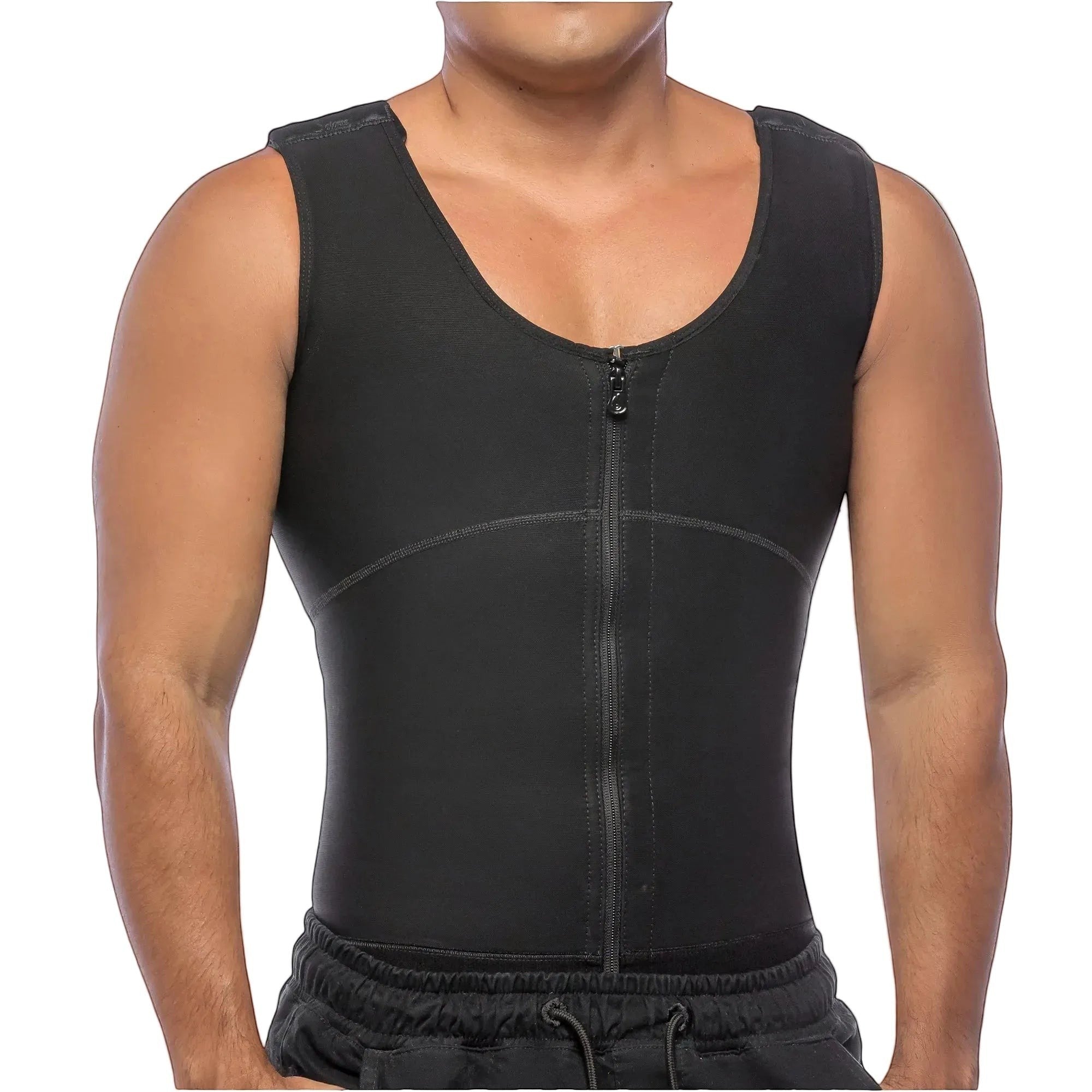 Stella's Corset black compression vest with zipper front and open bust for men.