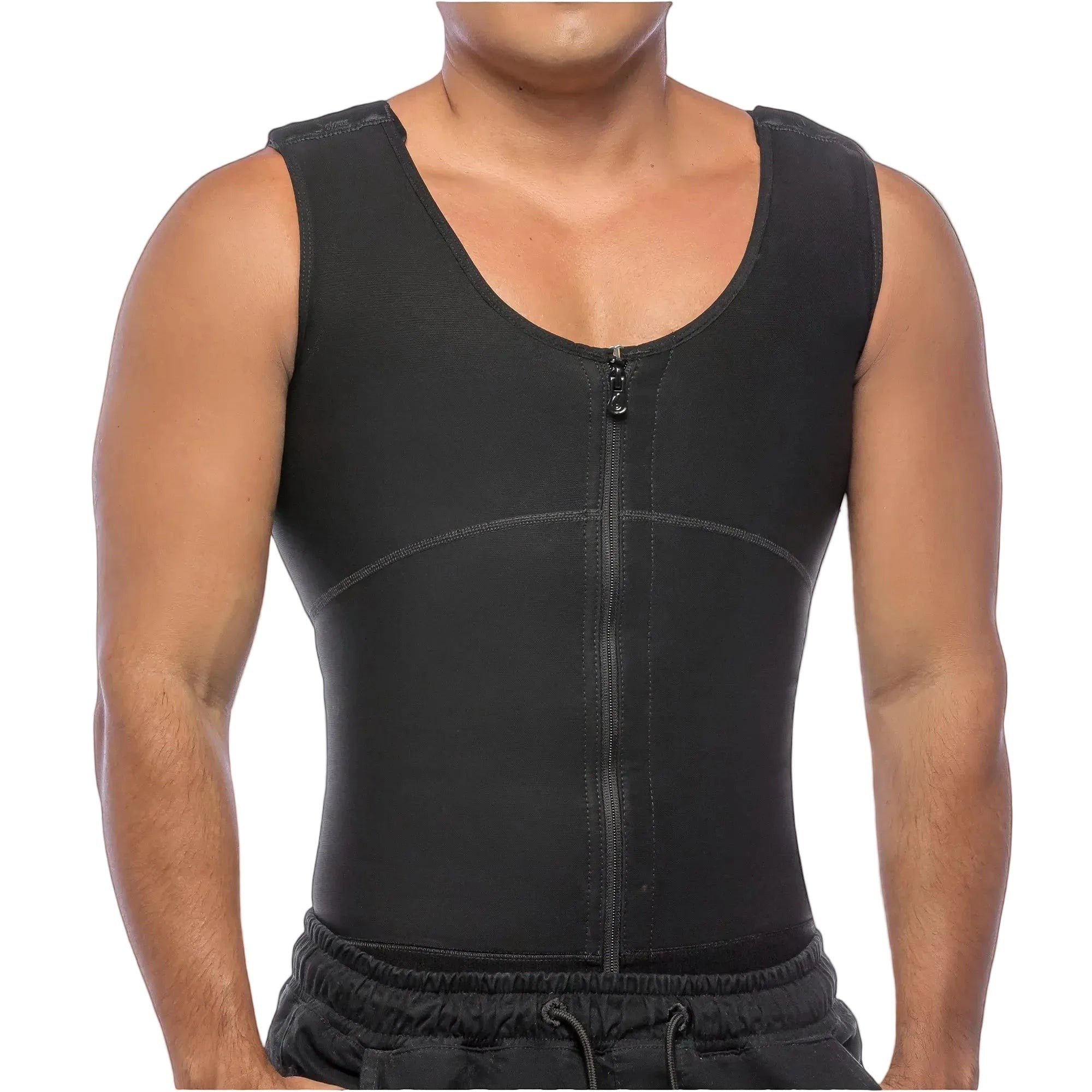 Stella's Corset black Powernet compression vest with zipper front and open bust design for daily wear.