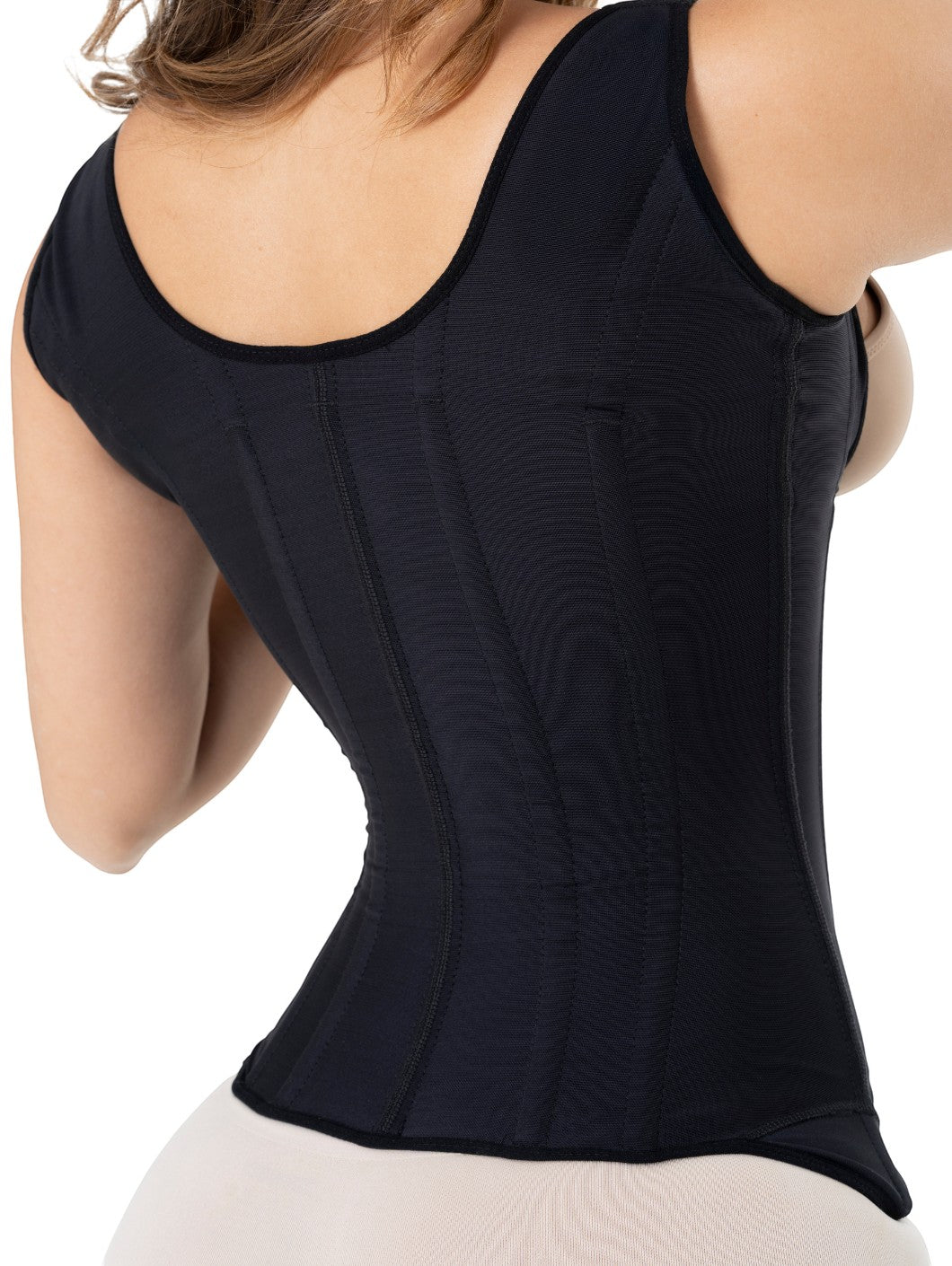Stella's Corset black high-back full-body compression faja with open-bust design and natural butt lift.