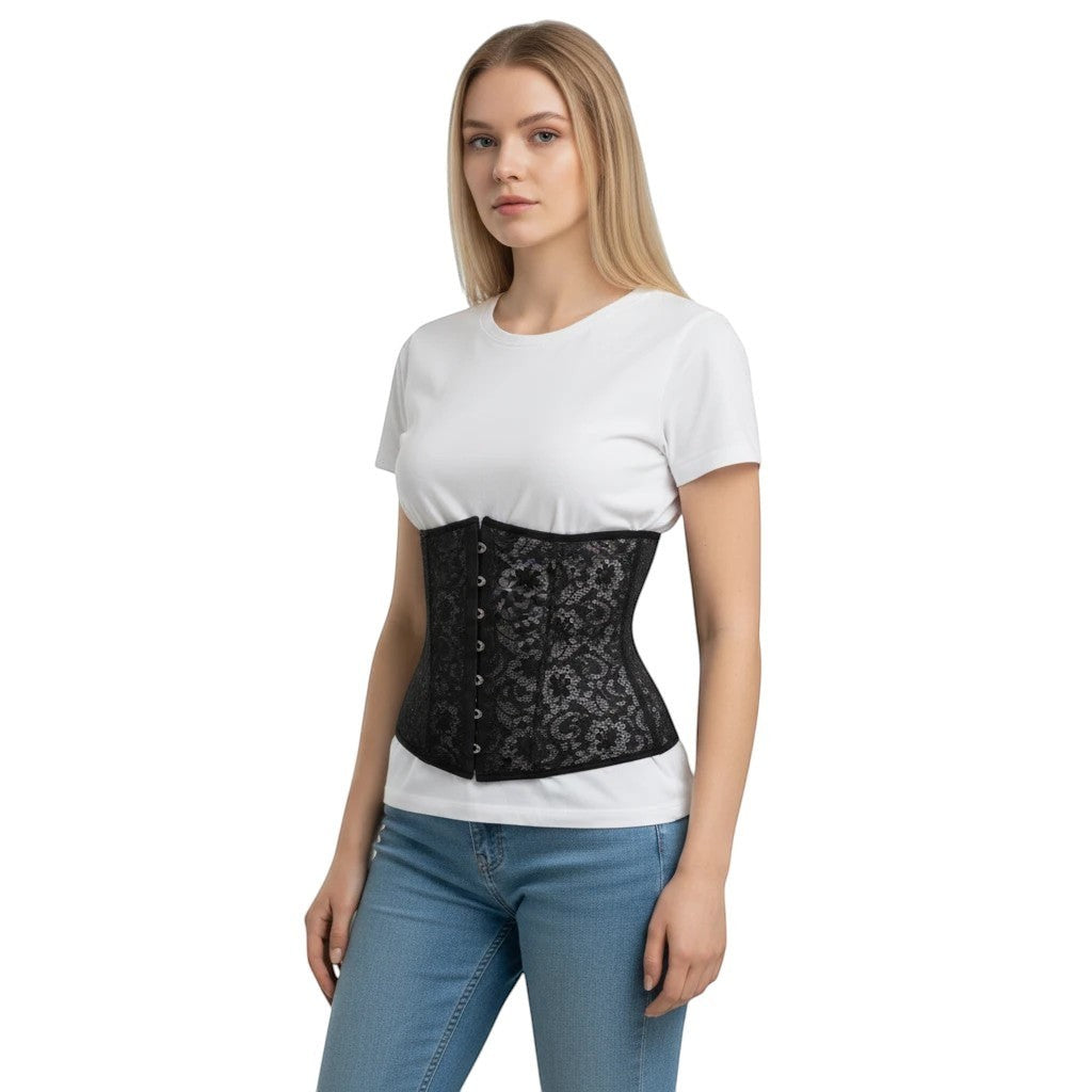 Stella's Corset black lace latex waist cincher corset with hook closure, orthopedic hourglass shaper REF 1001