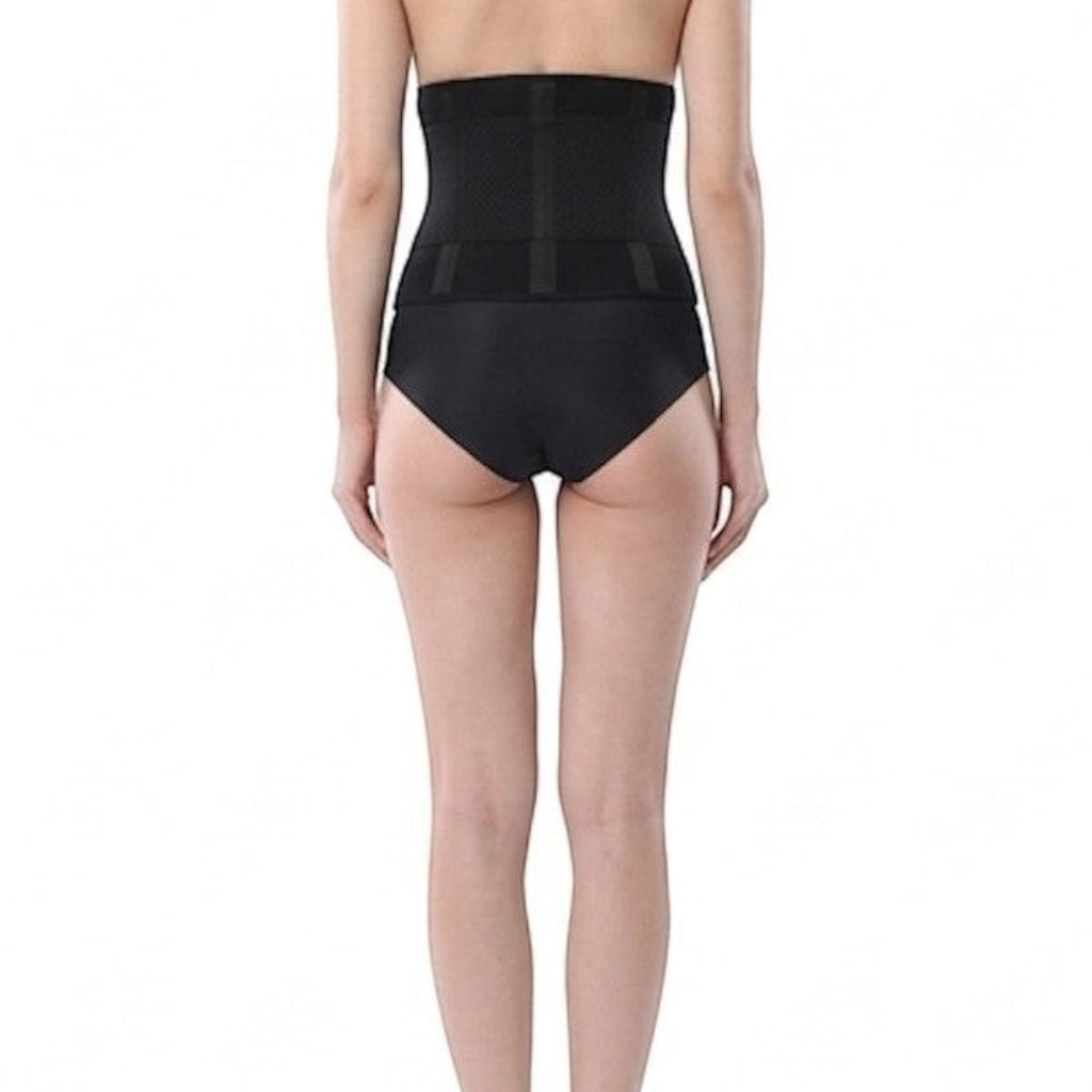 Stella's Corset black latex waist trainer belt with adjustable hook-and-eye closure for posture support and waist cinching.