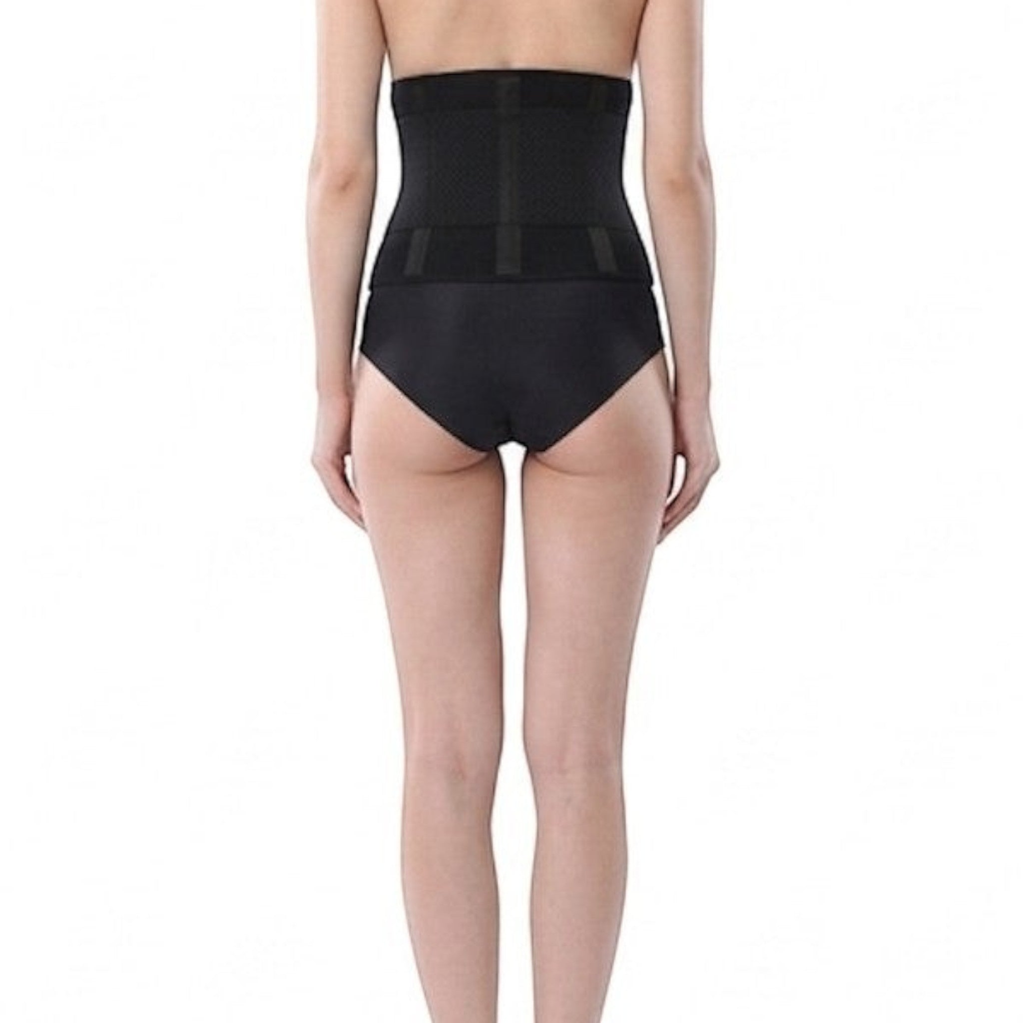 Stella's Corset black latex waist trainer belt with adjustable hook-and-eye closure for posture support and waist cinching.