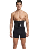 Stella's Corset black latex waist trainer belt with adjustable hook-and-eye closure for men and women. Provides compression and back support.