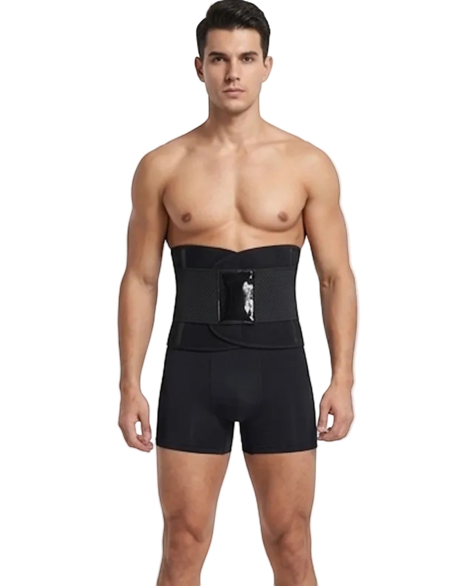 Stella's Corset black latex waist trainer belt with adjustable hook-and-eye closure for men and women. Provides compression and back support.