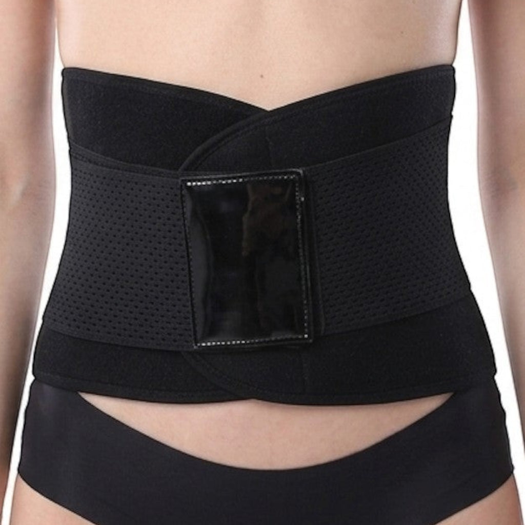 Stella's Corset black latex waist trainer belt with adjustable hook-and-eye closure for back support and posture correction.
