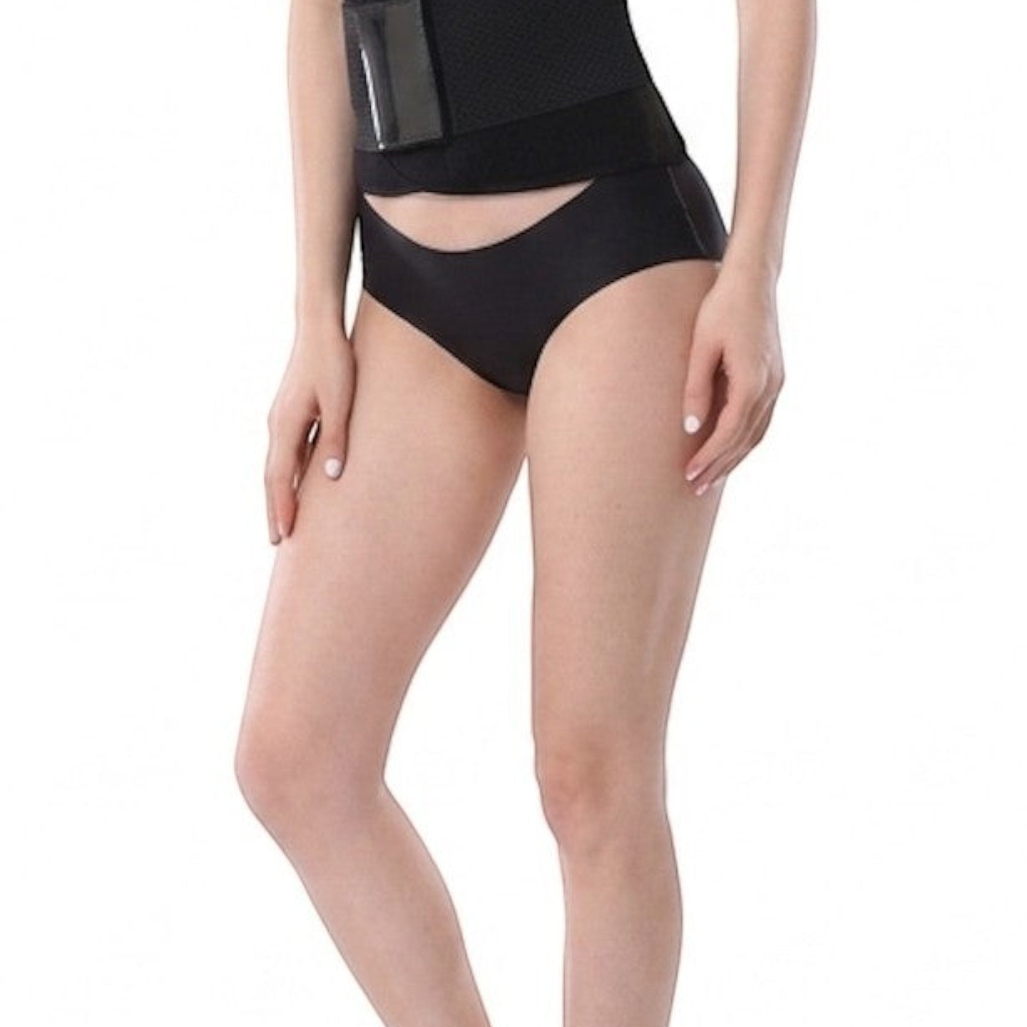 Stella's Corset black latex waist trainer belt with adjustable hook-and-eye closure for posture support and compression.