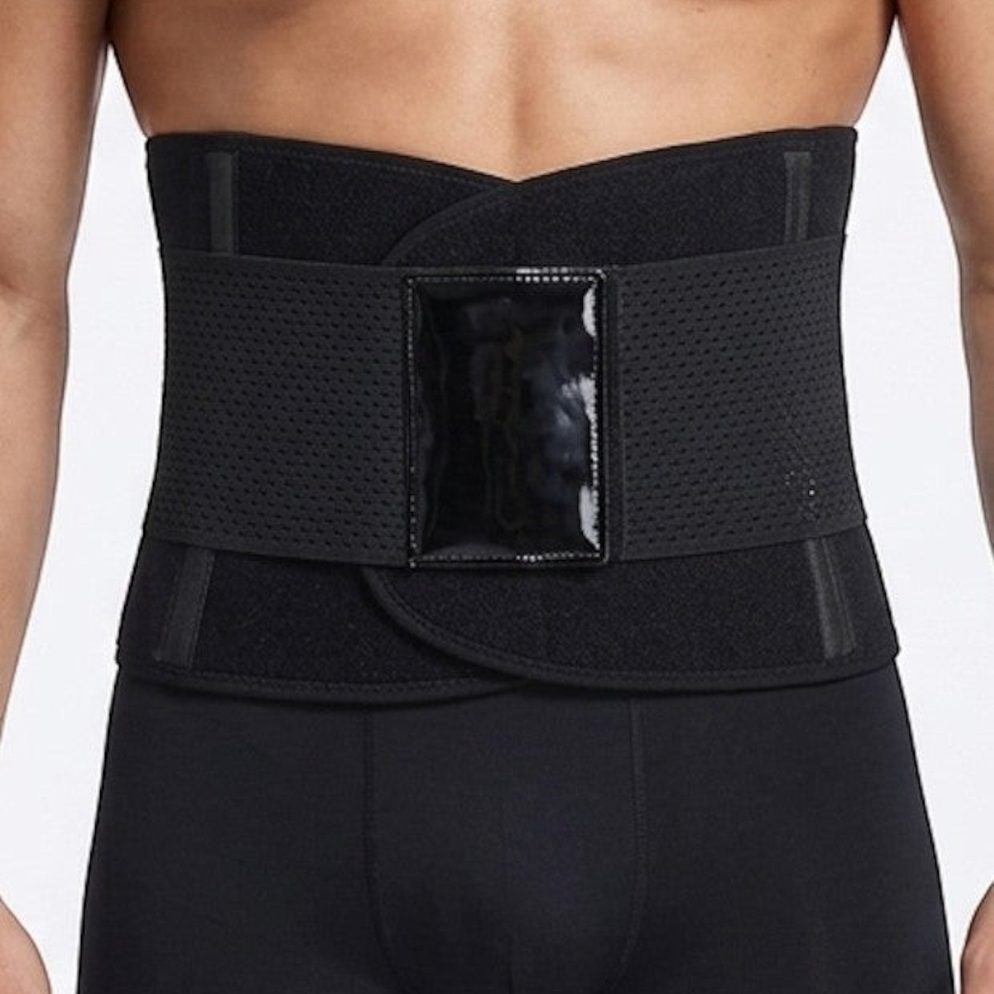 Stella's Corset black latex waist trainer belt with adjustable hook-and-eye closure and steel boning for back support.