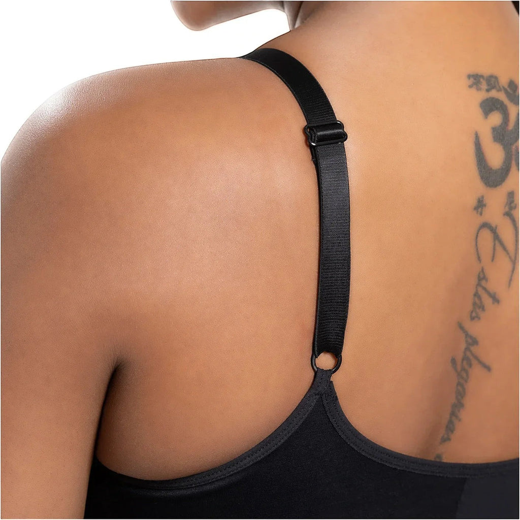 Stella's Corset black microfiber low-compression bodysuit with adjustable straps and built-in bra for post-surgery recovery.