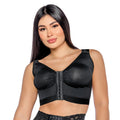 Stella's Corset black post-surgical compression bra with front closure and wide straps. Designed for support and posture.
