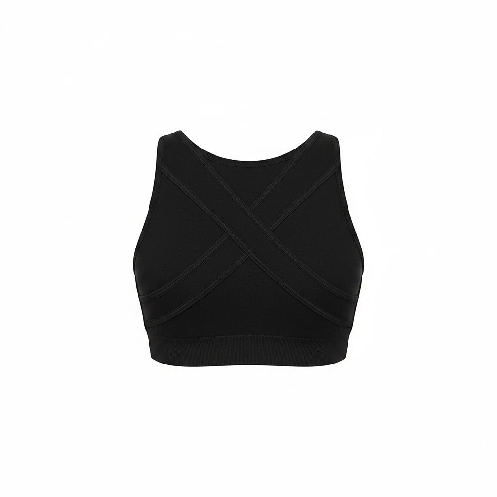 Stella's Corset black Everyday Support Brassiere with cross-back posture-correcting straps and wide under-bust band.