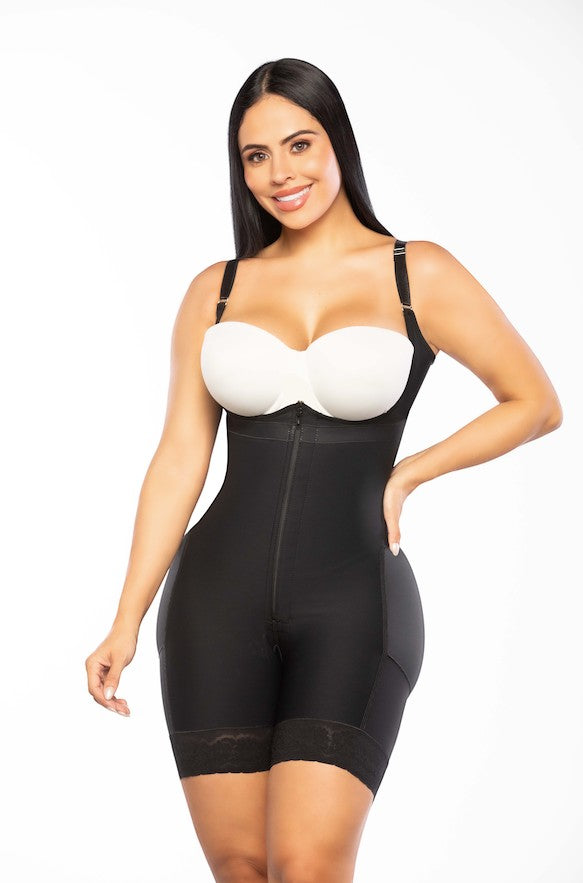 Stella's Corset black PowerNet high-back shaping shorts with mid-thigh coverage and lace trim.