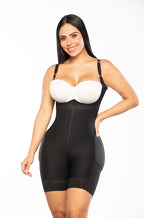 Stella's Corset black PowerNet high-back shaping shorts with mid-thigh coverage and lace trim. Invisible under clothing.