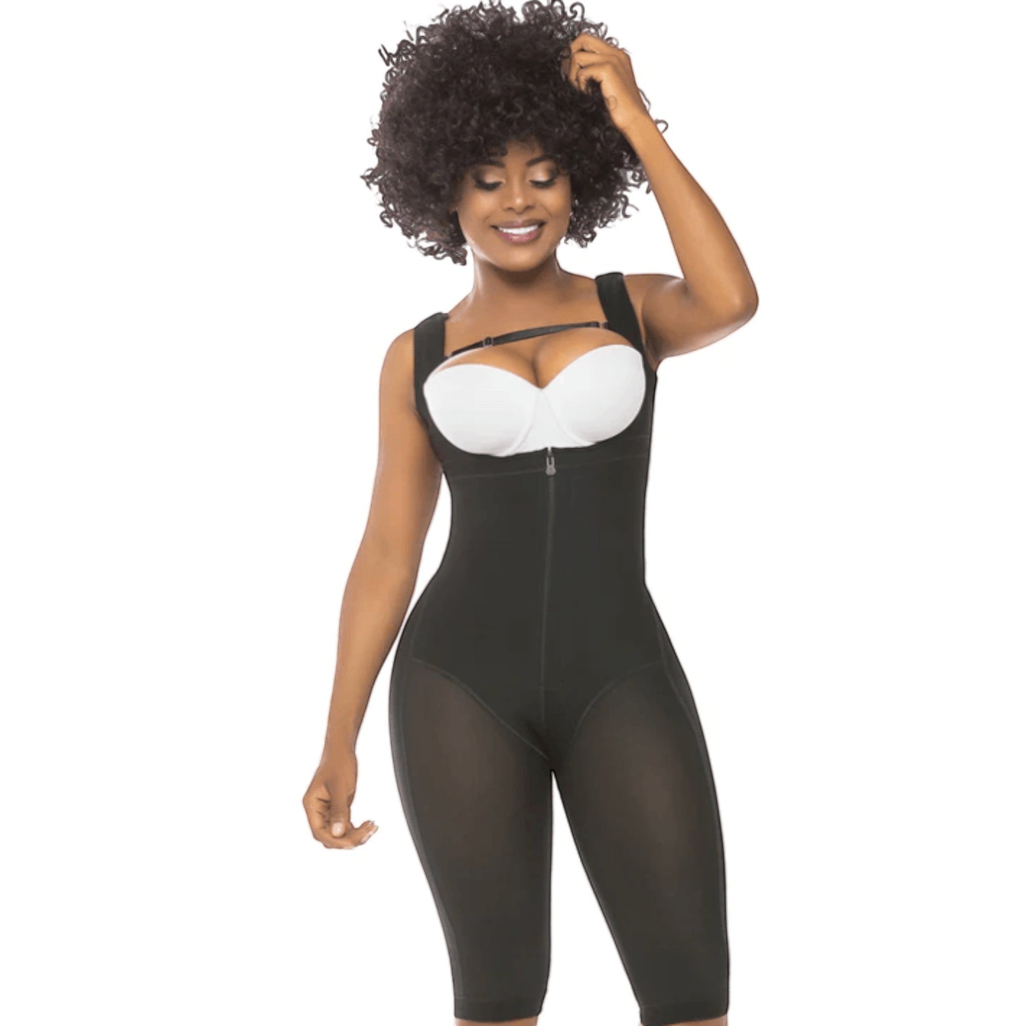Model wearing a Stella's Corset black open-bust compression bodysuit with front zipper for full body sculpting.