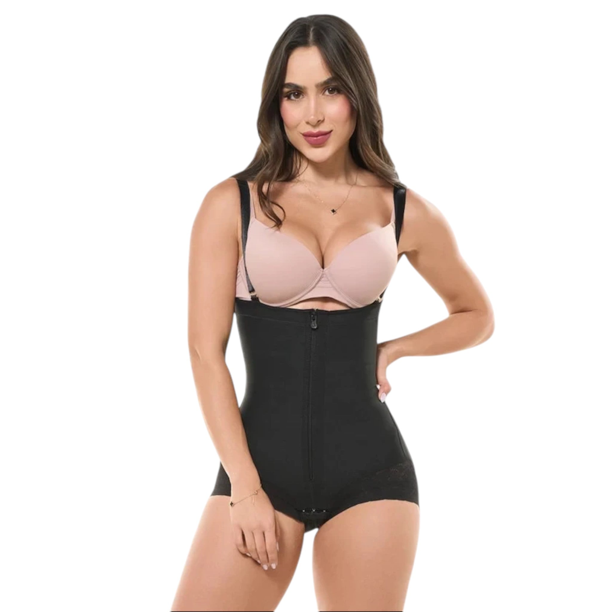 Model wearing Stella's Corset black strapless body shaper with tummy control and silicone lace trim