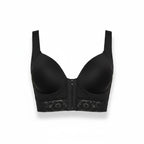 Stella's Corset black everyday support brassiere with front zipper closure, wide straps, and lace under-bust detailing.