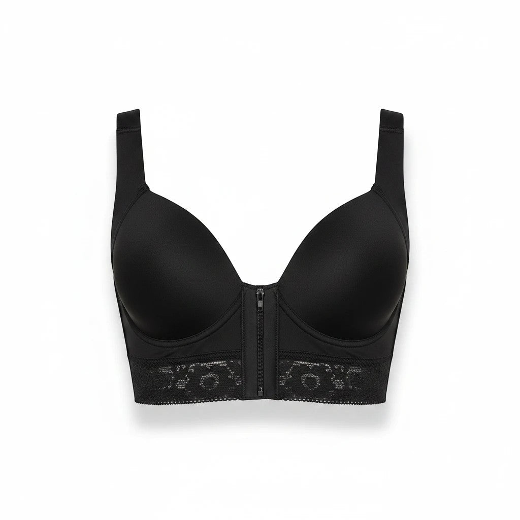Stella's Corset black everyday support brassiere with front zipper closure, wide straps, and lace under-bust detailing.
