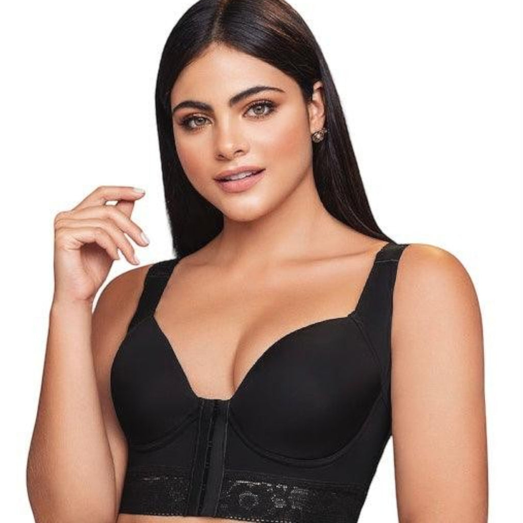 Stella's Corset Everyday Support Brassiere in black with wide straps and front-closure design worn by a model.