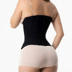 Stella's Corset black high-back waist cincher vest with double closure, firm compression, Powernet outer, cotton lining.