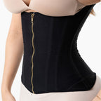 Stella's Corset black high-back waist cincher vest with double zipper and hook closure, made of Powernet and cotton.