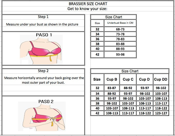 Stella's Corset brassiere size chart with step-by-step measuring instructions for under-bust and bust circumference.