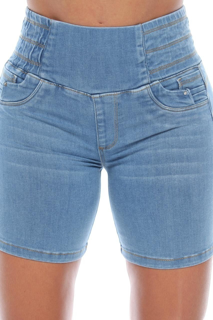 Stella's Corset light wash denim butt lifter shorts with high waist and ruched elastic detail.