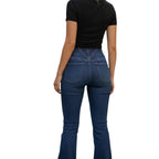 Stella's Corset high-waist butt lifter flare jeans in dark wash denim with a 4-button closure.
