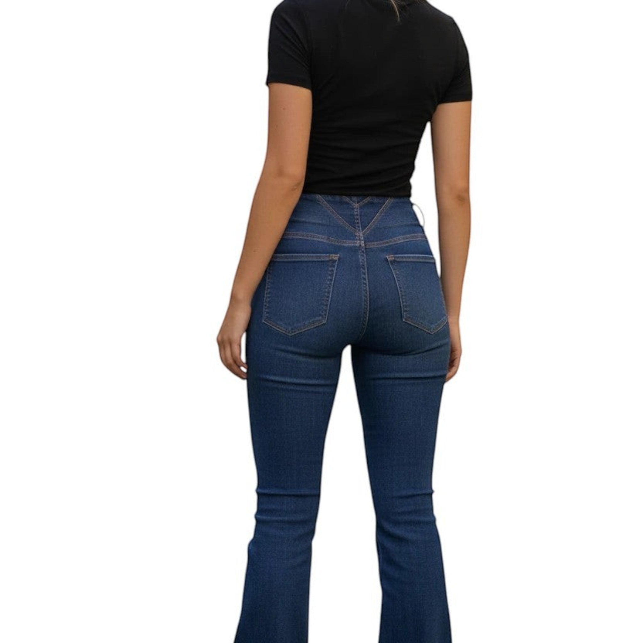 Stella's Corset high-waist butt lifter flare jeans in dark wash denim with a 4-button closure.