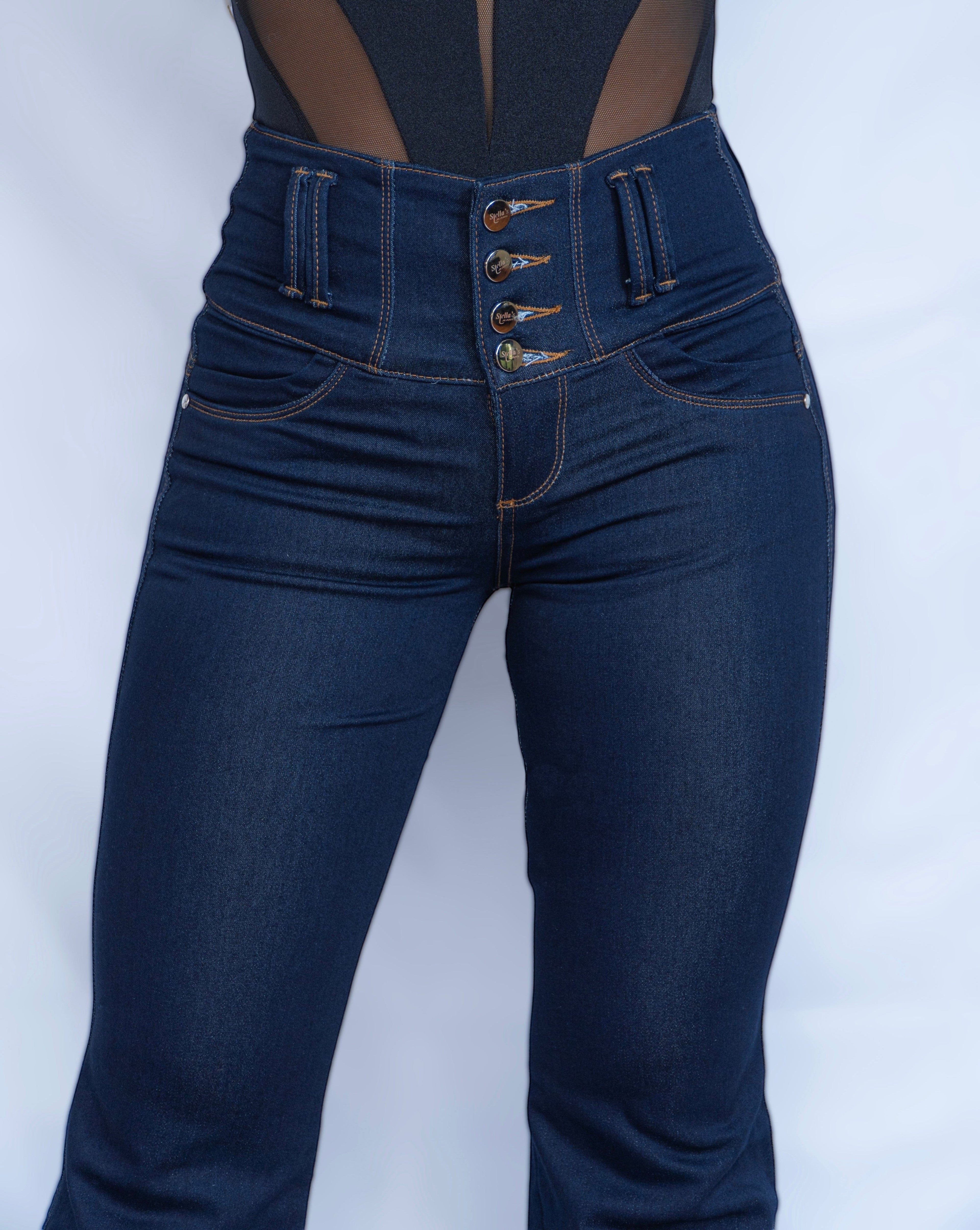 Stella's Corset dark wash denim butt lifter jeans with a high waist and four-button closure, flared legs.