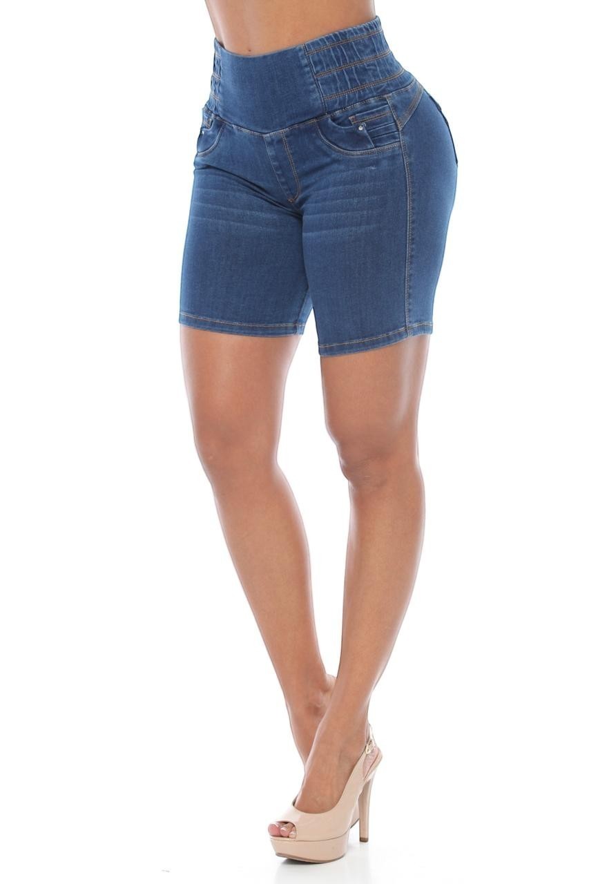 Stella's Corset blue denim butt lifter jean shorts with a high waist and ruched detailing.