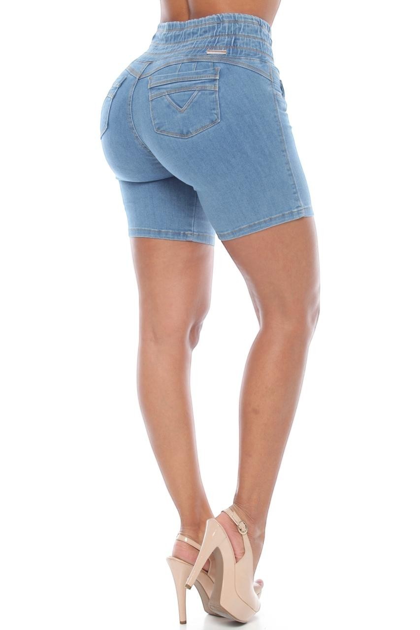 Stella's Corset light wash denim butt lifter jean shorts with a high waist and v-shaped back pockets.