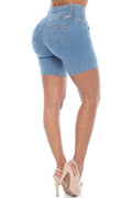 Stella's Corset light wash denim butt lifter jean shorts with a high waist and v-shaped back pockets.