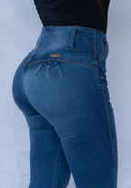 Stella's Corset high-waist butt lifter jeans in blue denim with a 4-button closure and flared legs.
