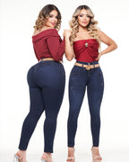 Two models wearing Stella's Corset butt lifter jeans in dark blue stretch denim with high-waist and push-up design.
