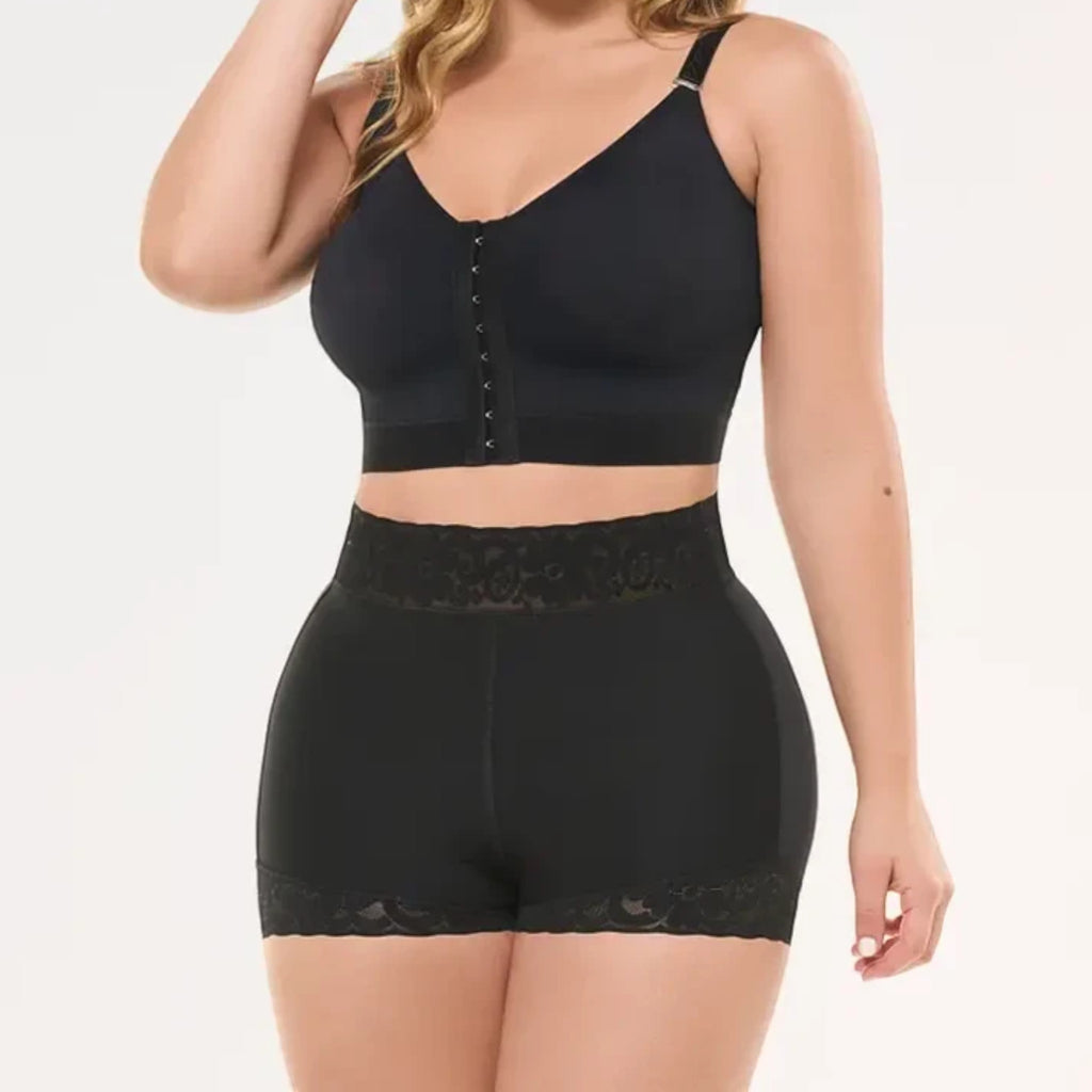Stella's Corset black powernet butt lifter shorts with lace trim, offering tummy control and a lifted rear.