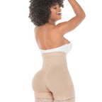Stella's Corset beige high-waist butt lifter shorts with tummy smoothing and lace trim. Stretch denim.
