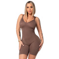 Stella's Corset caramel microfiber low-compression bodysuit with built-in bra and adjustable straps.