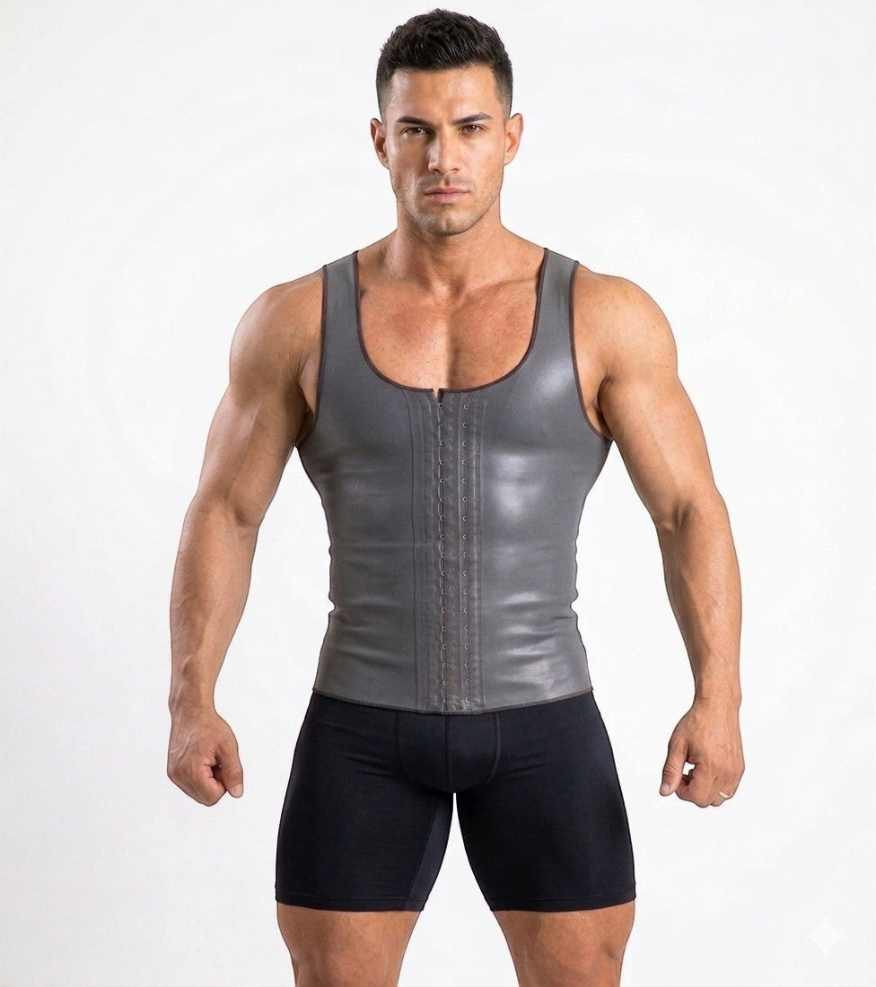 Stella's Corset chaleco moldeador de látex gris para hombre con cierre de gancho y ojo, soporte para abdomen y postura.