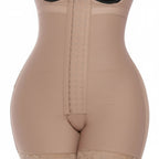 Stella's Corset beige compression girdle short with perineal zipper and hook-and-eye front closure. Medical-grade shapewear.