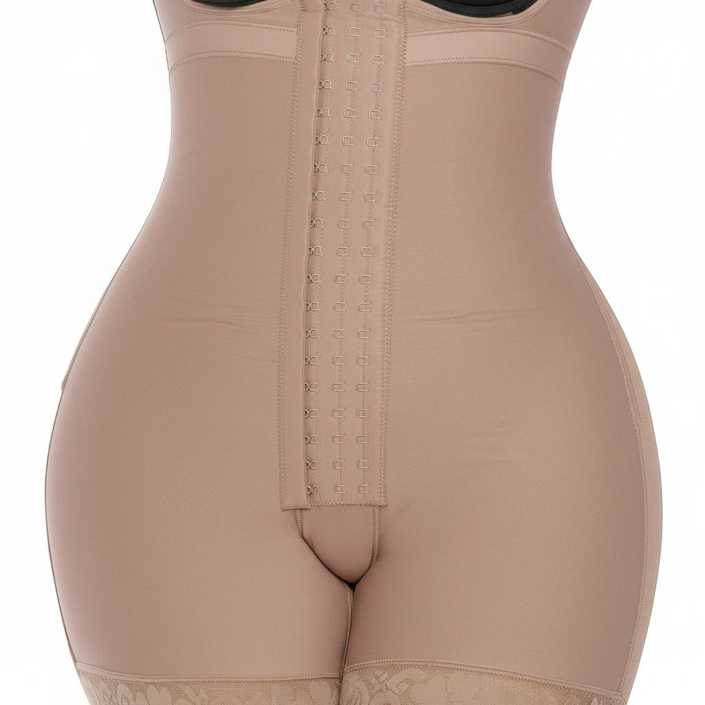 Stella's Corset beige compression girdle short with perineal zipper and hook-and-eye front closure. Medical-grade shapewear.