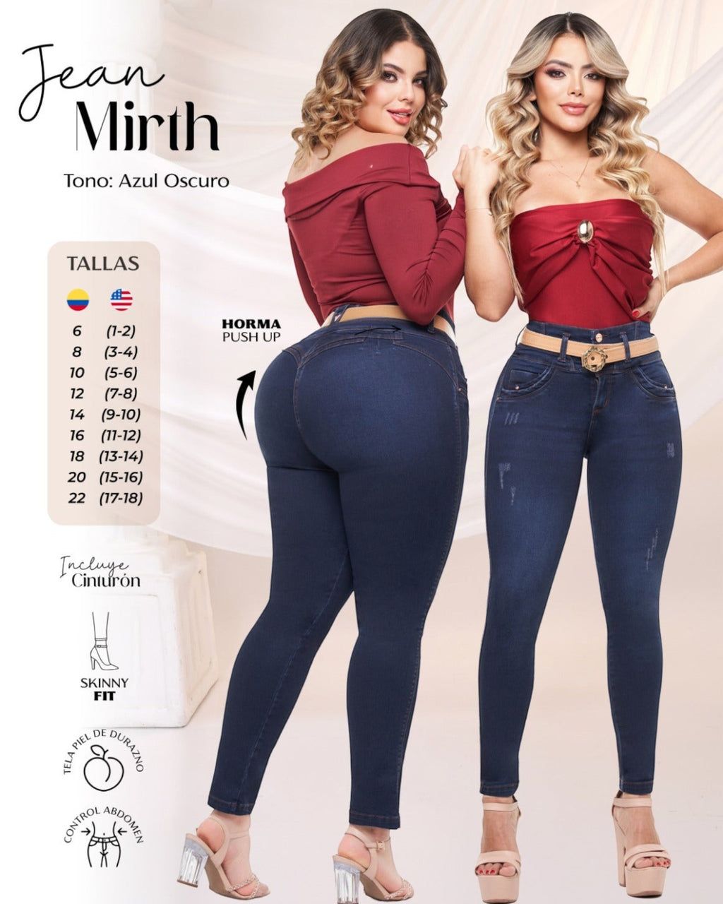 Stella's Corset dark blue skinny butt lifter jeans with high waist and included belt worn by two models