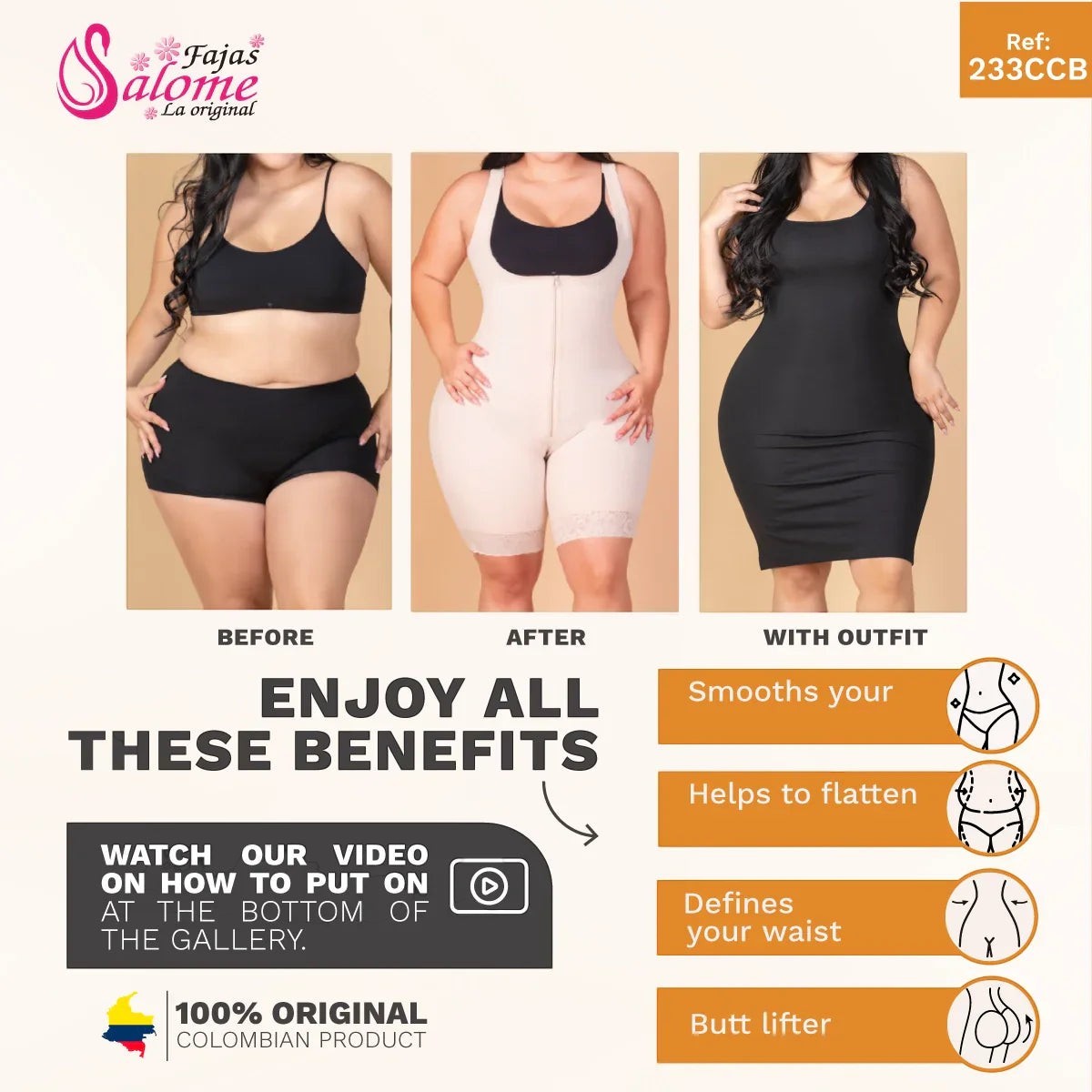 Stella's Corset Fajas Salome 0233 CCB beige Stage 2 post-surgery body shaper with medium compression, open bust, and butt lifter.