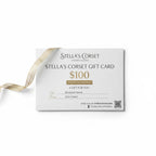 Stella's Corset $100 gift card with a gold ribbon, perfect for gifting.