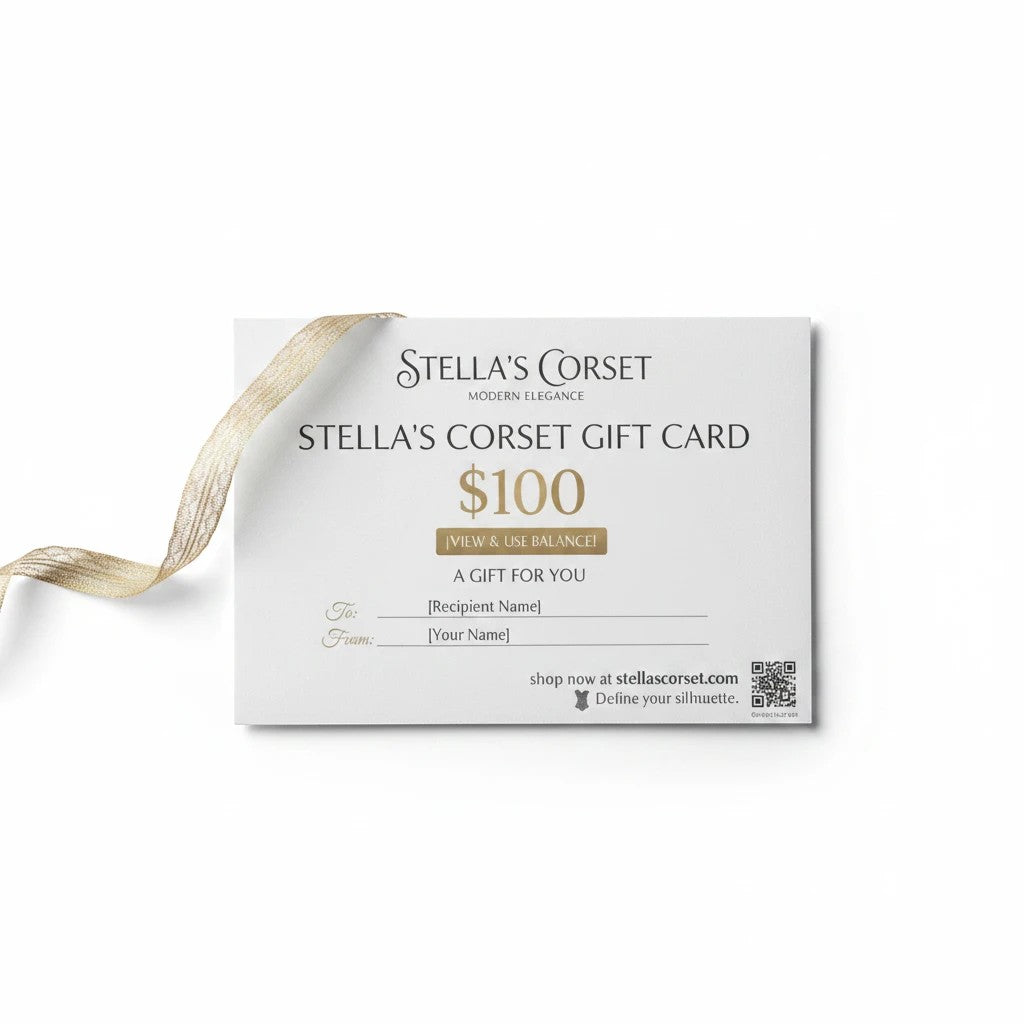 Stella's Corset $100 gift card with a gold ribbon, perfect for gifting.
