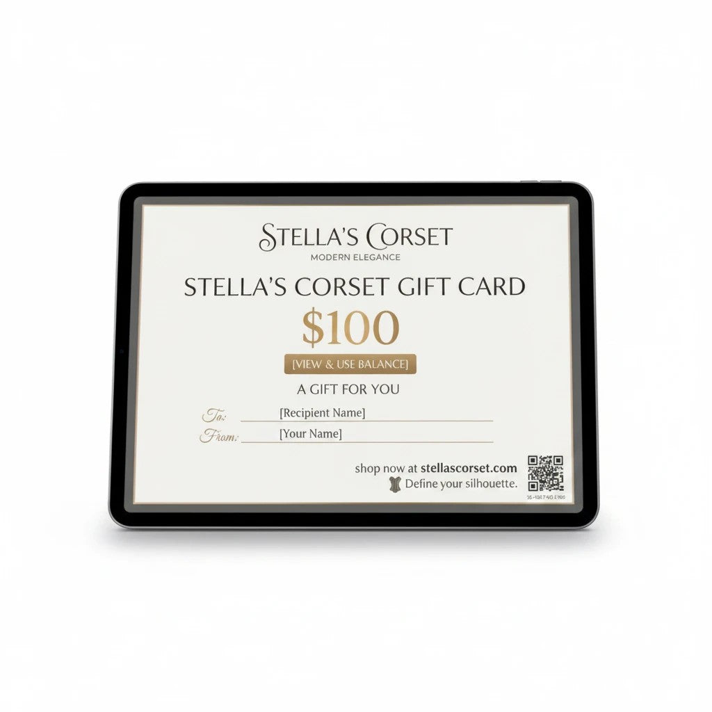 Stella's Corset $100 gift card for modern elegance, redeemable online.