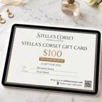 Stella's Corset $100 gift card on a tablet, perfect for gifting.