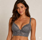 Stella's Corset grey lace push-up bra with adjustable straps and a small bow detail.