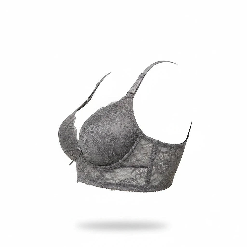 Stella's Corset grey lace push-up bra with adjustable straps and comfortable side wings.
