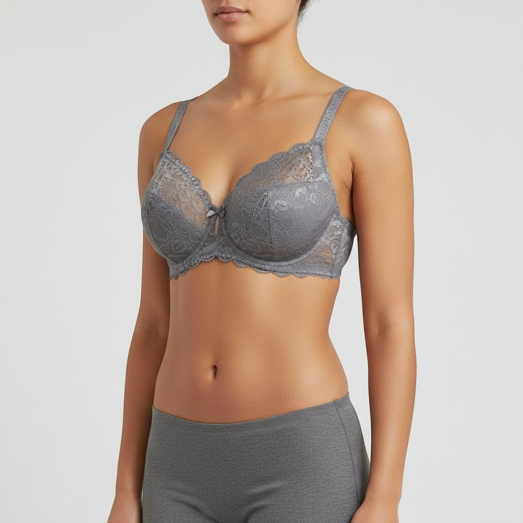 Stella's Corset grey lace push-up bra with adjustable straps and wide comfort wings.