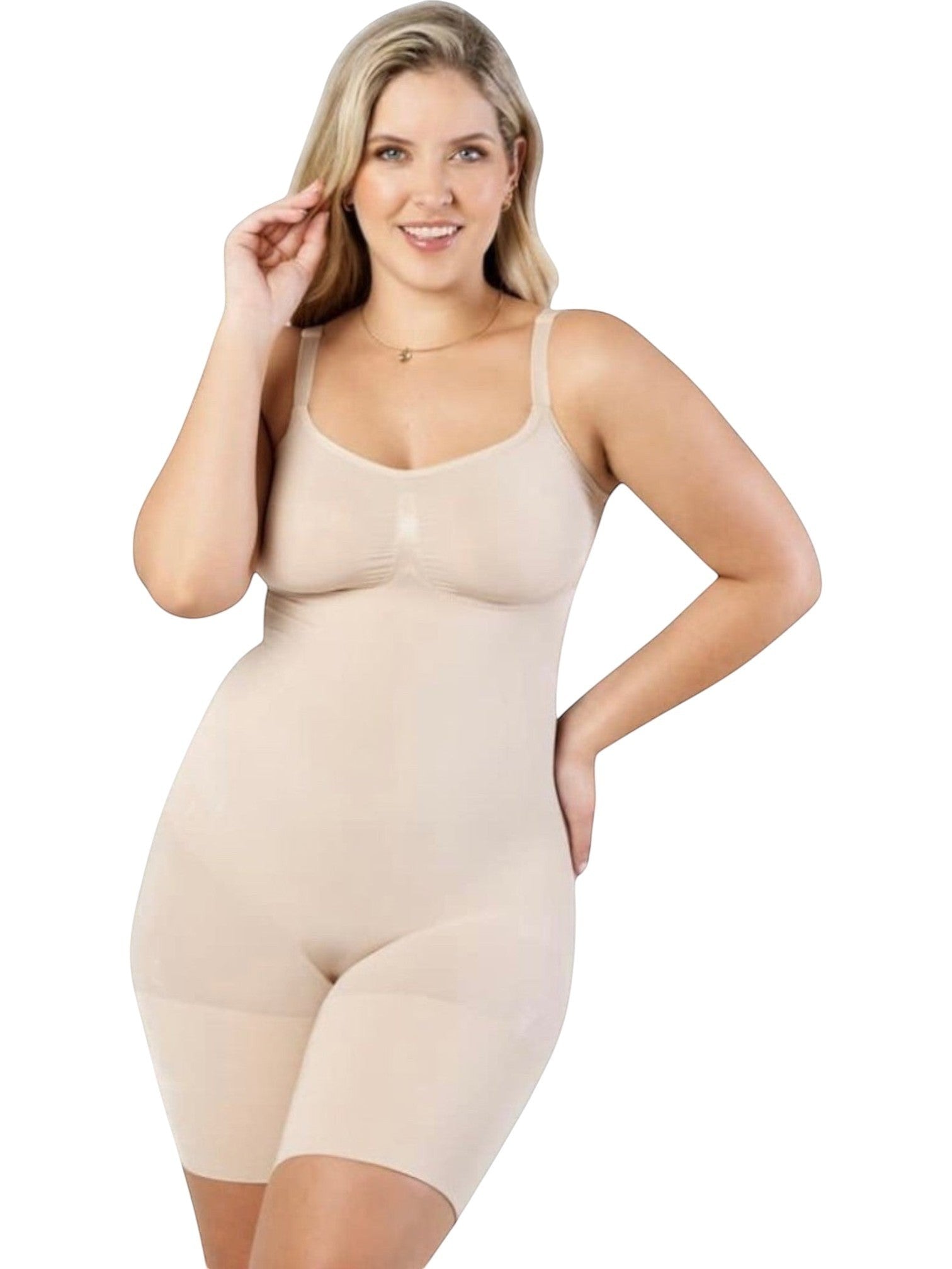 Stella's Corset beige high-back body control sculpting short with thigh slimming and waist cinching features.