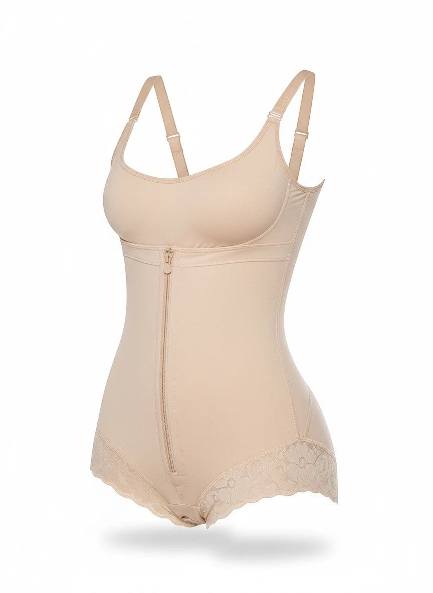 Stella's Corset beige high-back bodysuit with zipper and lace trim. Medical-grade PowerNet fabric for 360° torso control.